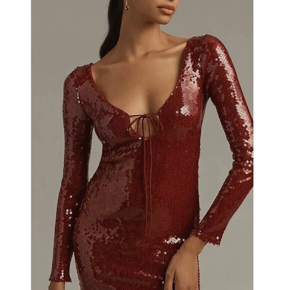 Anthropologie Bardot Verona Long Sleeve Sequin Slim Midi Dress Wine Size 2 - Picture 3 of 12